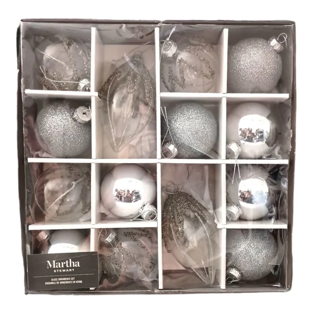 14 Martha Stewart Silver Glass Ornament Set Christmas Beaded‎ Glittery Bedford